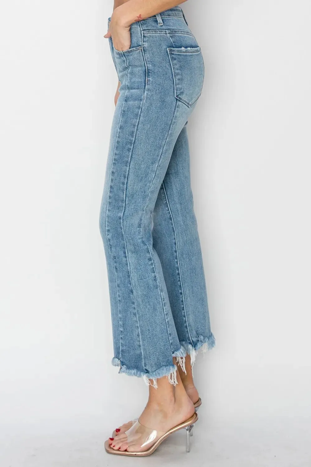 Full Size High Rise Frayed Hem Flare Jeans