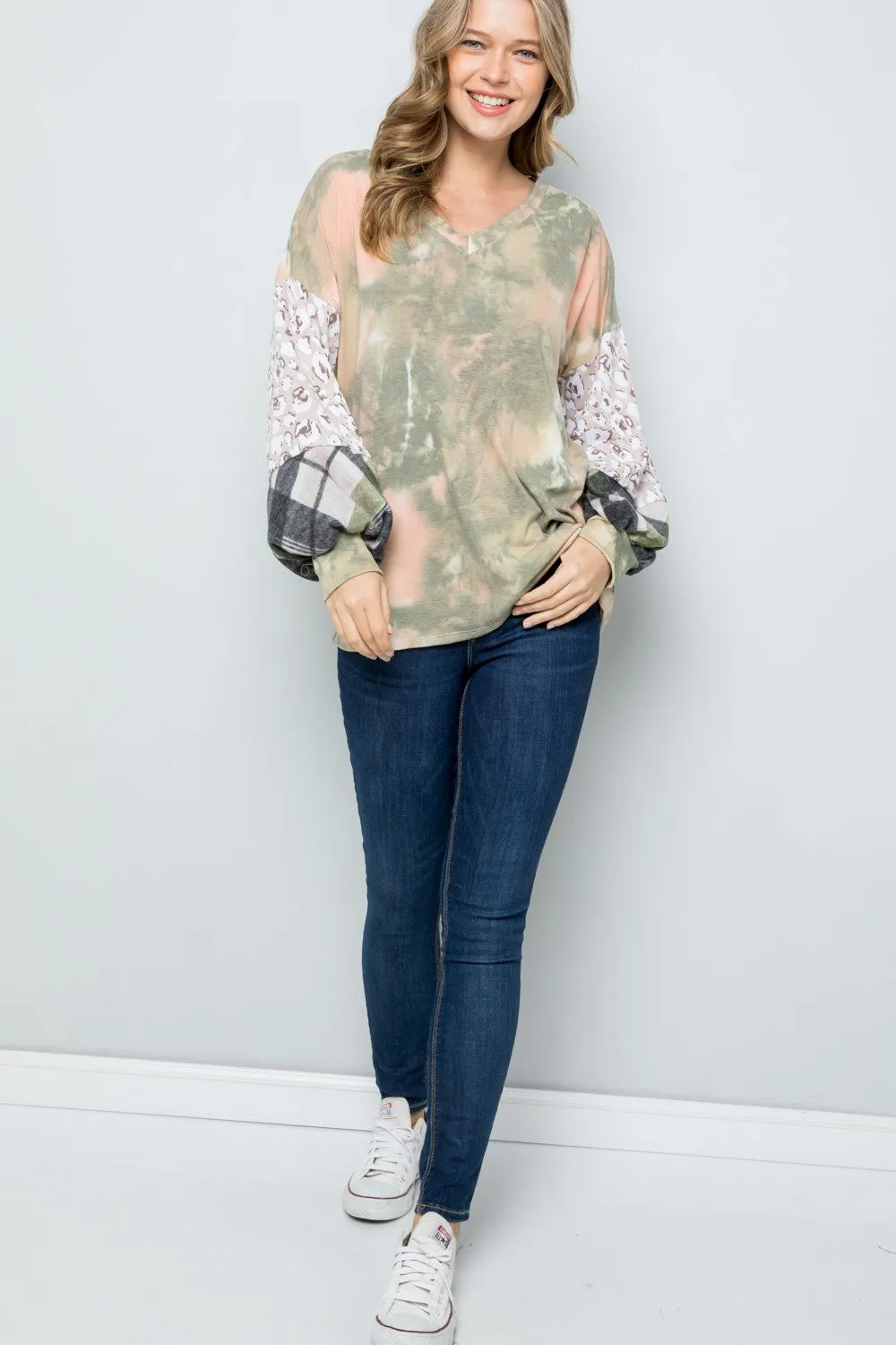 Full Size Tie-Dye V-Neck Printed Sleeve Blouse