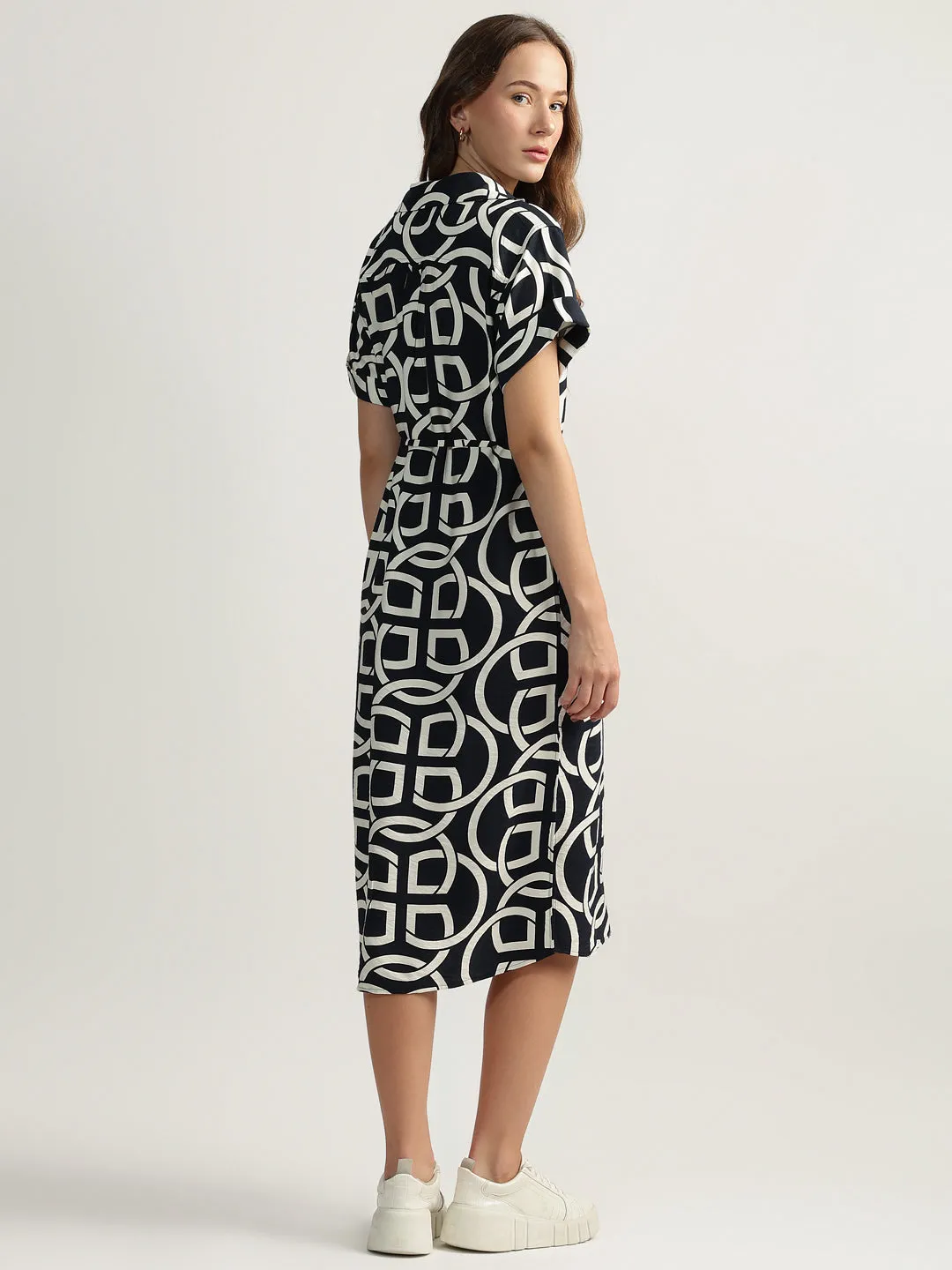 Gant Women Black Printed Spread Collar Short Sleeves A-line Dress