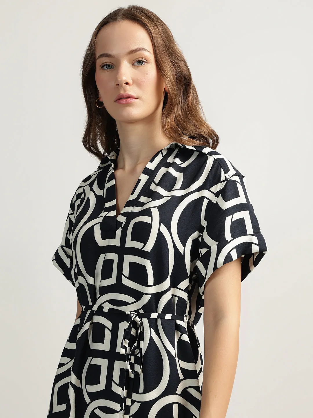 Gant Women Black Printed Spread Collar Short Sleeves A-line Dress