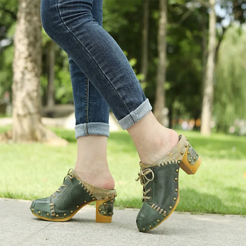 Genuine Leather Mules Lace up Summer Slippers with Rivets 75mm Block Heel in Green