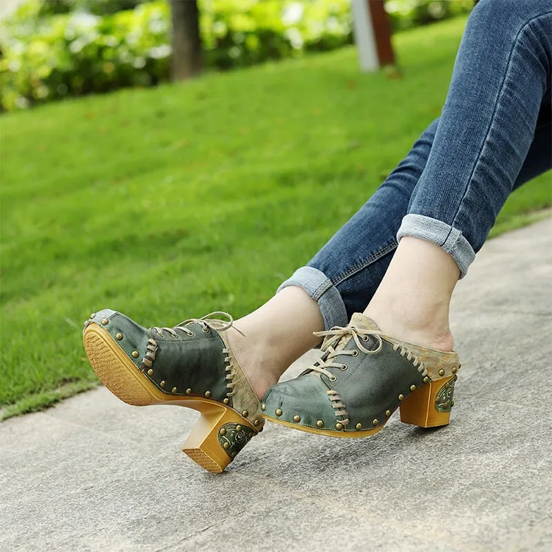 Genuine Leather Mules Lace up Summer Slippers with Rivets 75mm Block Heel in Green