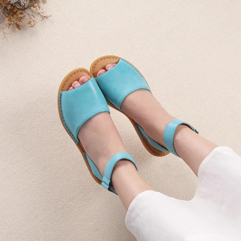 Handmade Leather Peep Toe Sandals For Women in Blue/Black/Beige