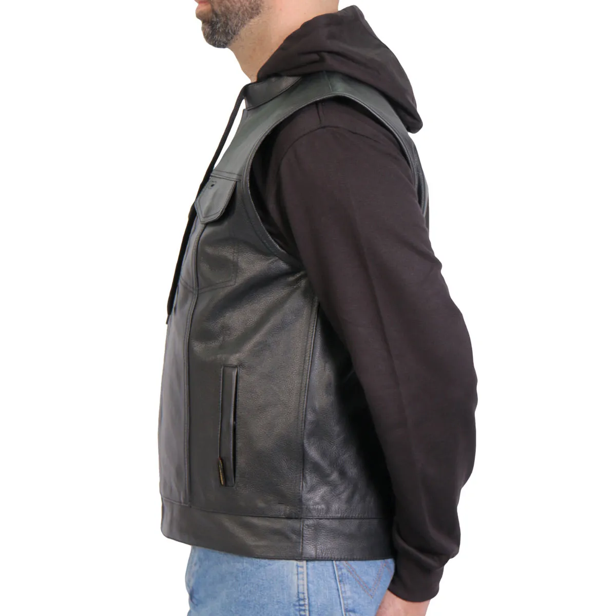 Hot Leathers VSM1202 Men's Black '2-in-1' Conceal and Carry Leather Vest with Hoodie