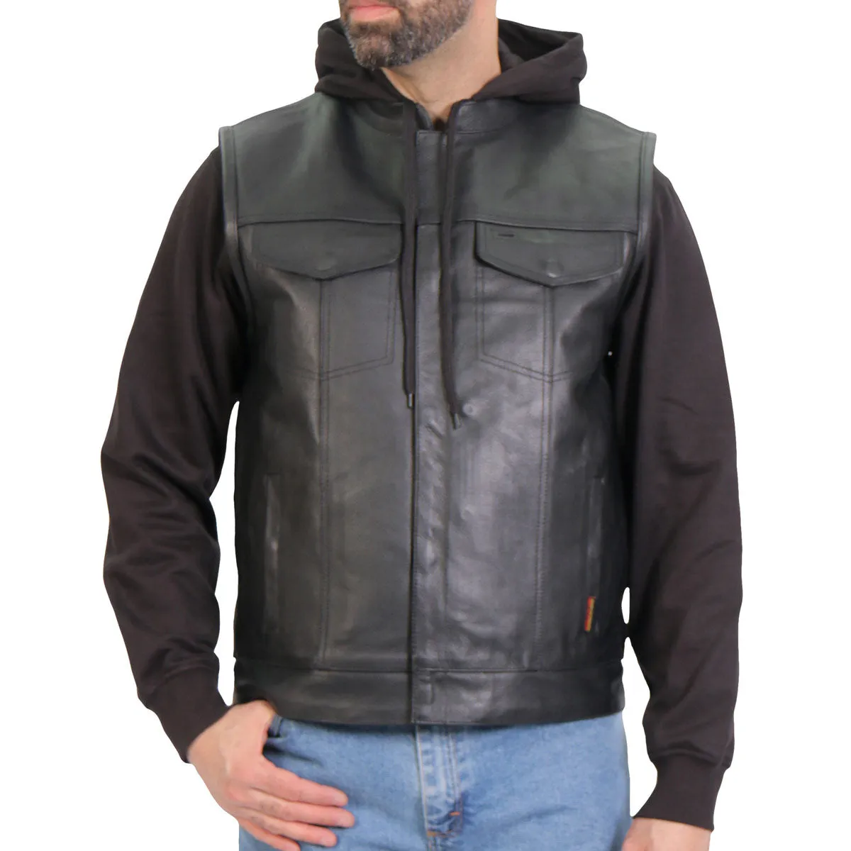 Hot Leathers VSM1202 Men's Black '2-in-1' Conceal and Carry Leather Vest with Hoodie