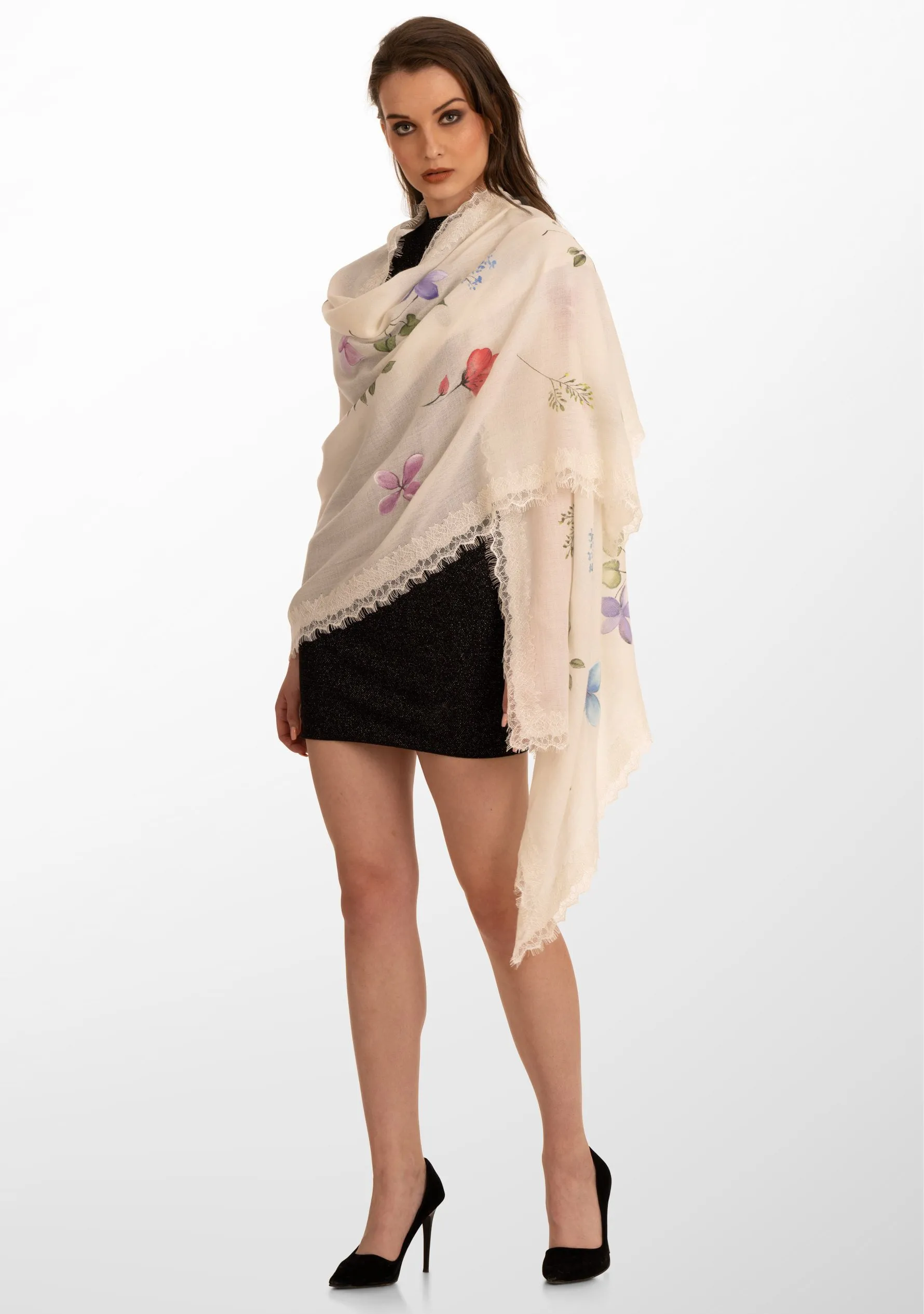 Ivory Cashmere Scarf with Hand-Painted Prime Design and an Ivory Lace Border