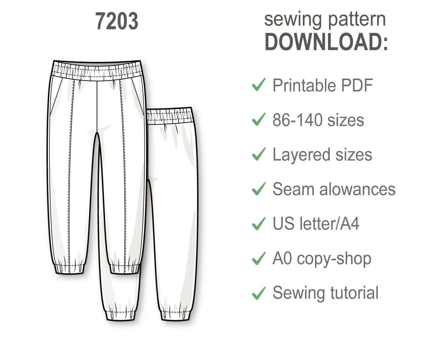 Kids Jogger Pants PDF Sewing Pattern, Cuffed Sweatpants with Pin Tucks, Slash and Inseam Pockets, Easy DIY for Toddlers, Boys and Girls