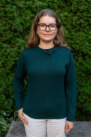 Ladies Cashmere Sweater: Twisted Neckline Bottle Green