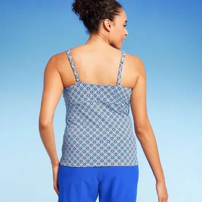 Lands' End Women's UPF 50 Geo Print Border Underwire Square Neck Tankini Top - Blue 8