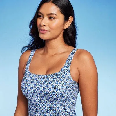 Lands' End Women's UPF 50 Geo Print Border Underwire Square Neck Tankini Top - Blue 8