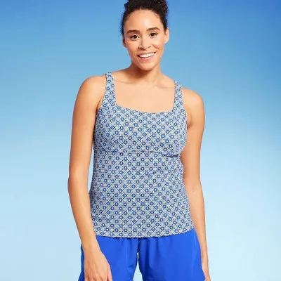 Lands' End Women's UPF 50 Geo Print Border Underwire Square Neck Tankini Top - Blue 8