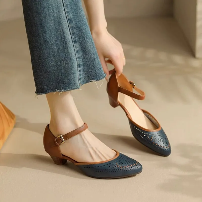 Leather Cut Out Ankle Strap Sandals For Women Handmade in Blue/Beige