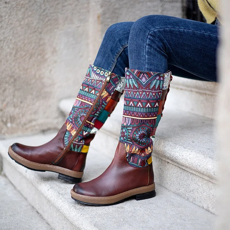 Leather Mid Calf Color Blocking Designer Riding Boots In Brown