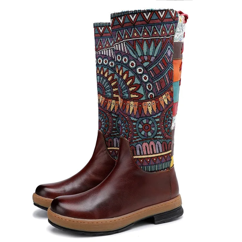 Leather Mid Calf Color Blocking Designer Riding Boots In Brown