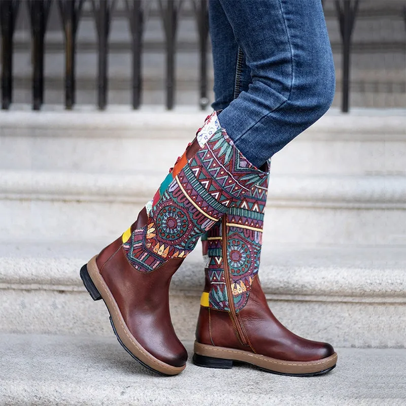 Leather Mid Calf Color Blocking Designer Riding Boots In Brown