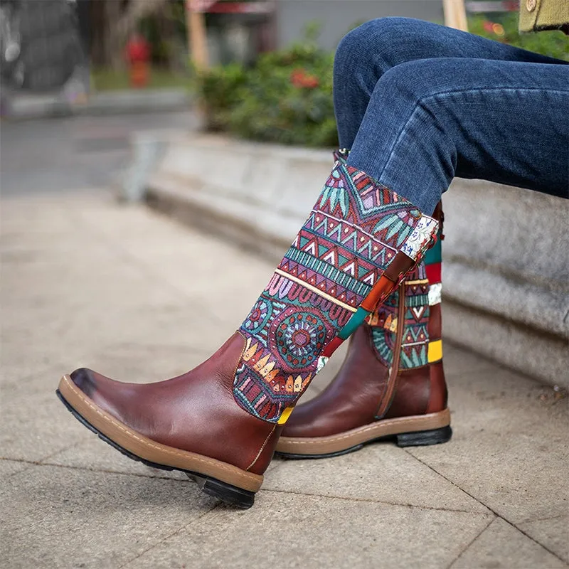 Leather Mid Calf Color Blocking Designer Riding Boots In Brown