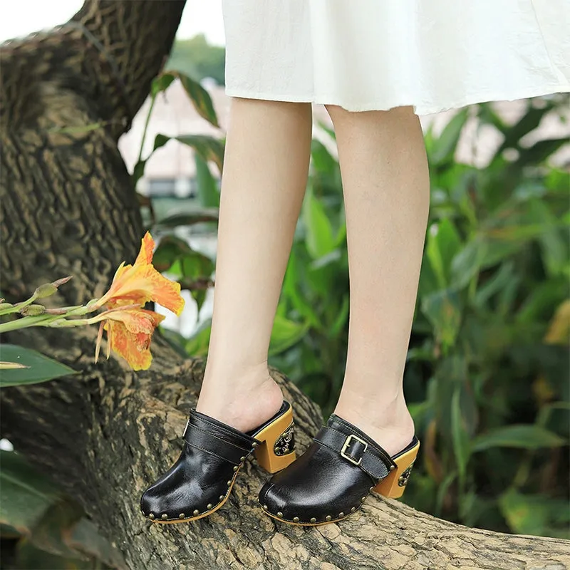 Leather Summer Slippers Handmade Slide Sandals with Rivets 75mm Block Heel in Black