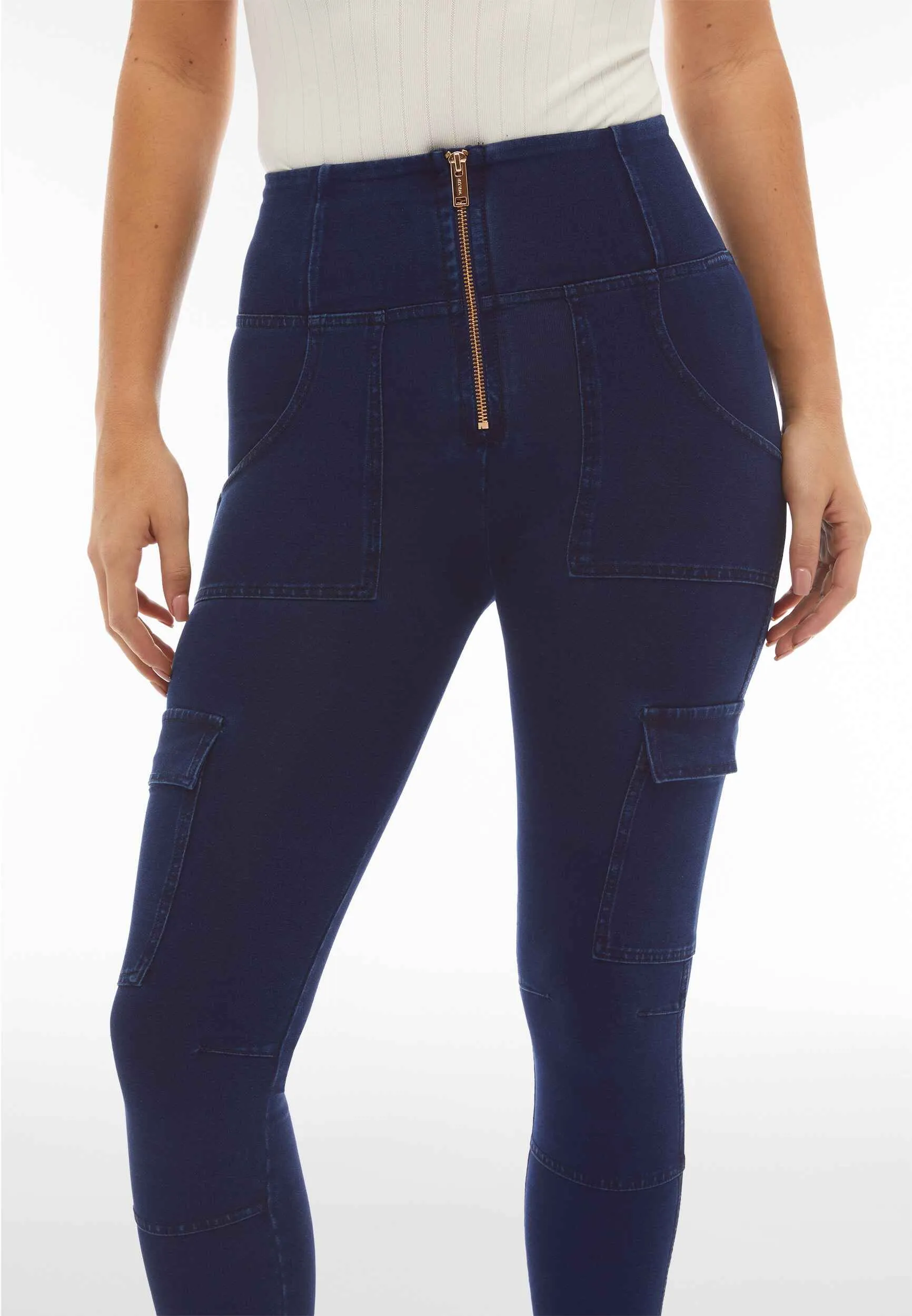 Limited Edition Cargo Dark Denim Blue Stitch High Waist Ankle Length