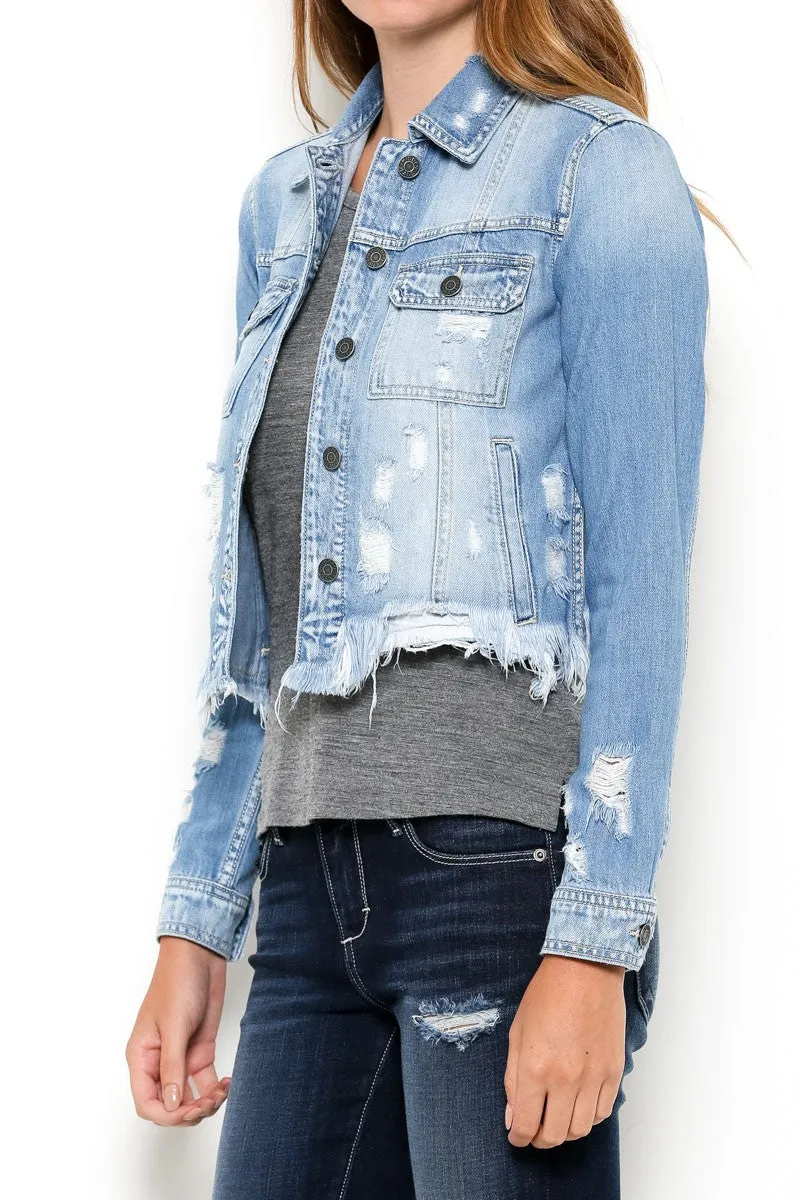 Lt Blue Cropped Frayed Jean Jacket