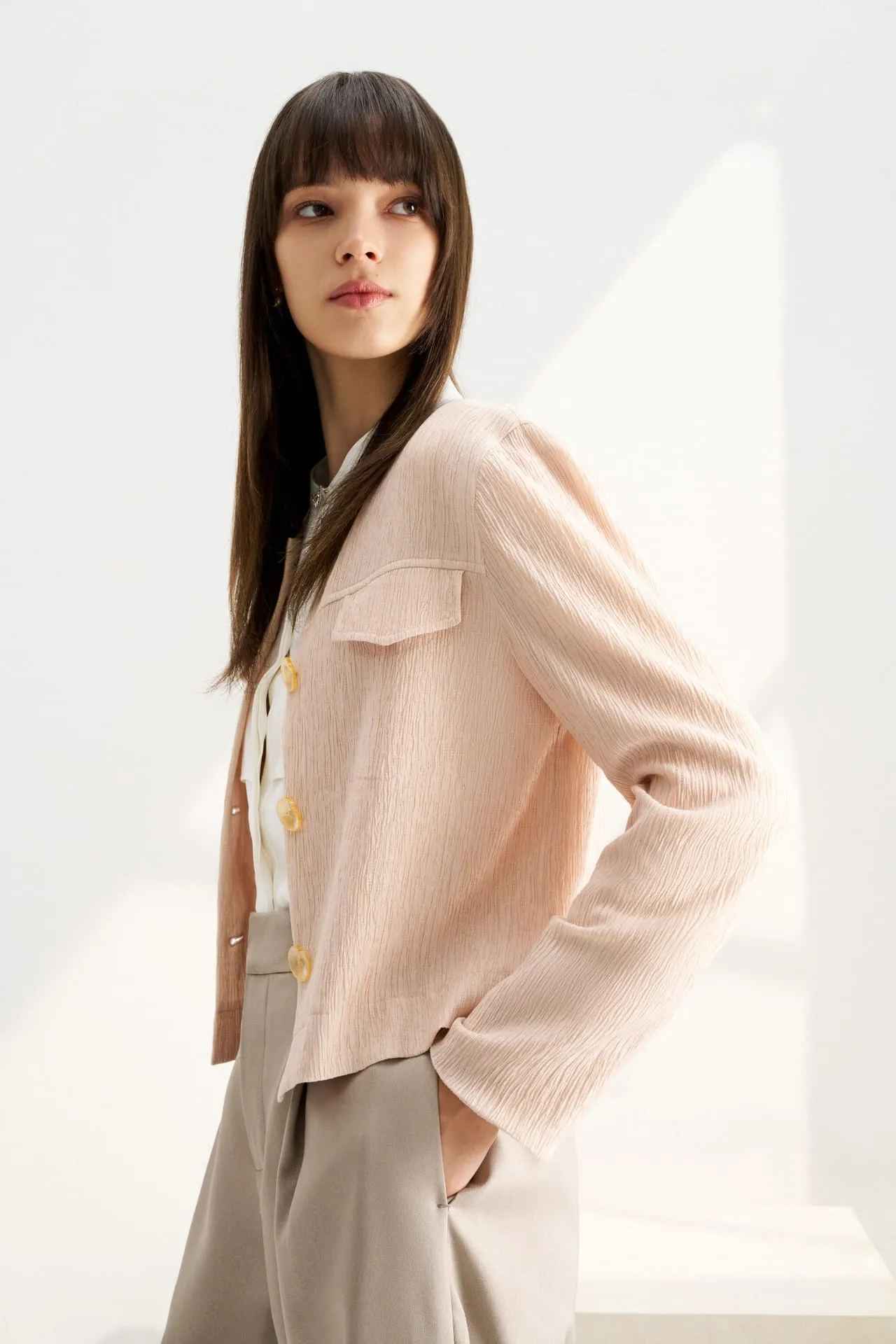 Lyocell Crinkle Round Neck Jacket