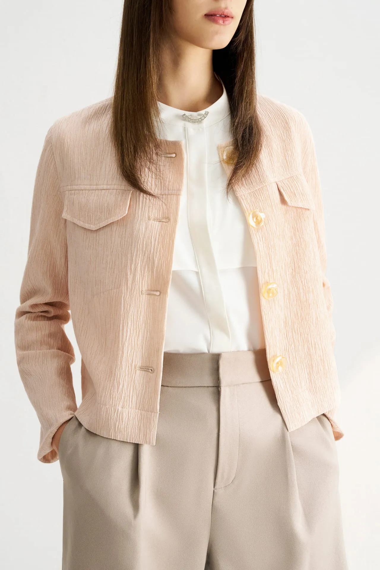 Lyocell Crinkle Round Neck Jacket