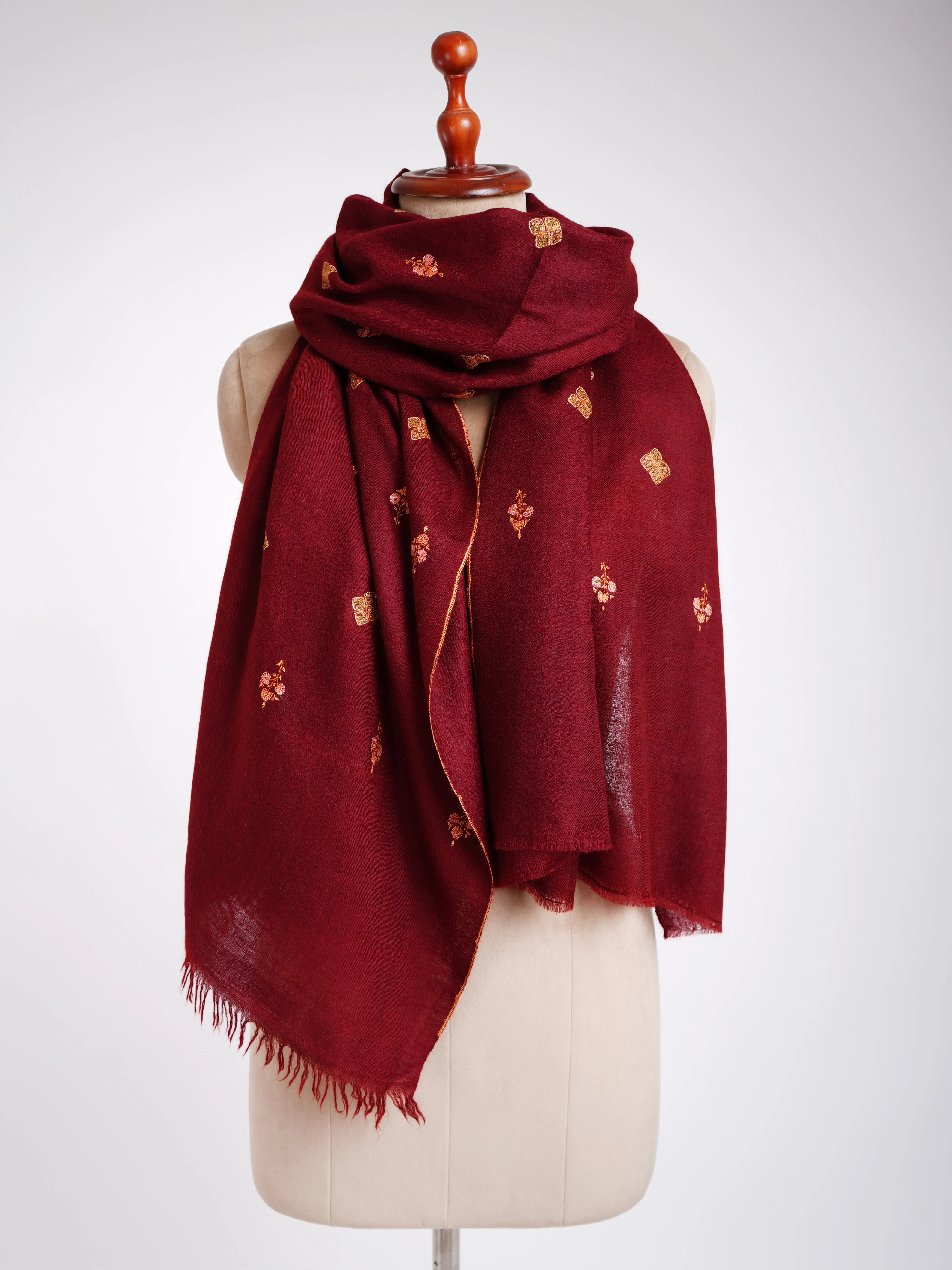 Maroon Embroidered Cashmere wrap scarf