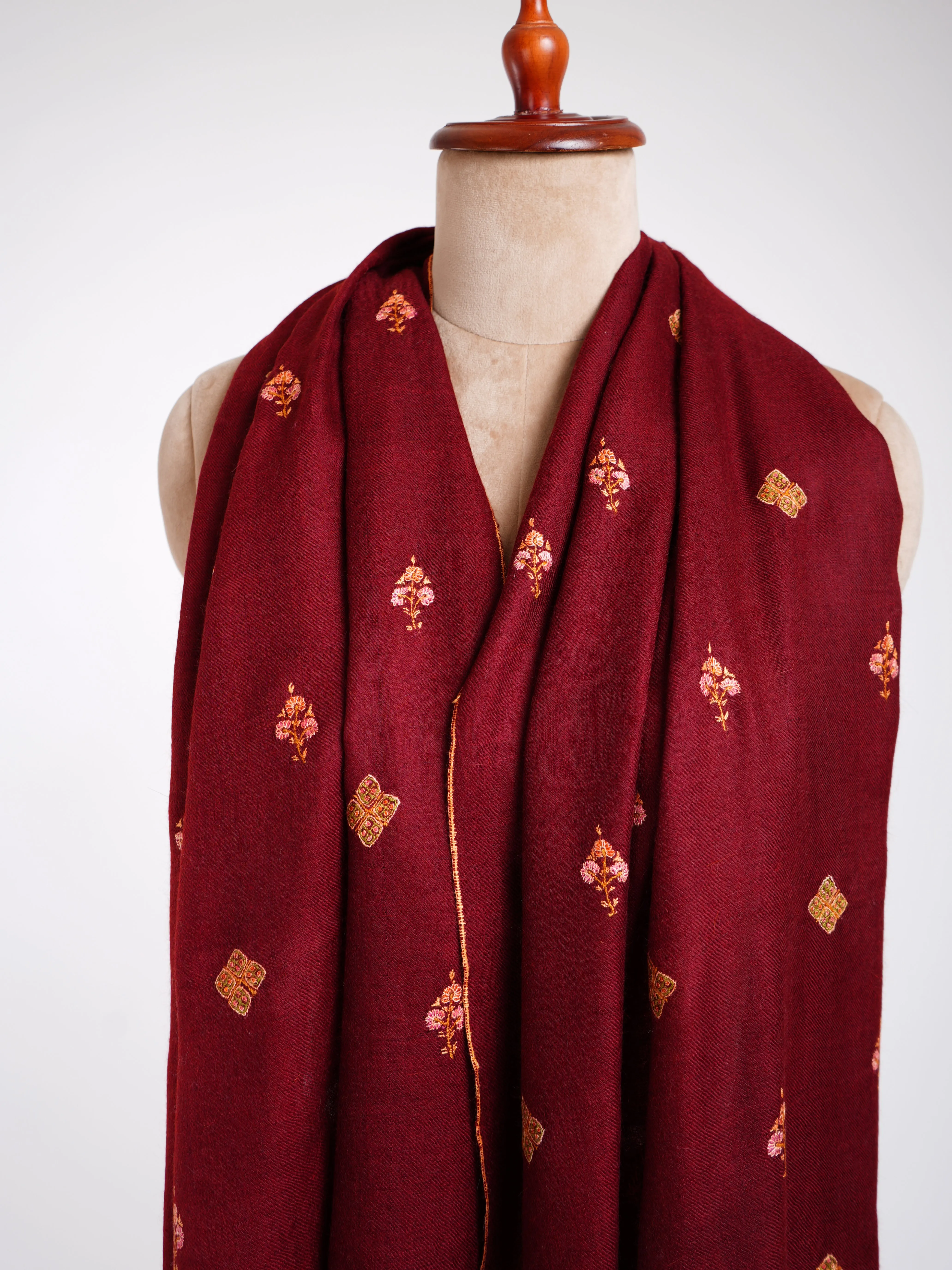 Maroon Embroidered Cashmere wrap scarf