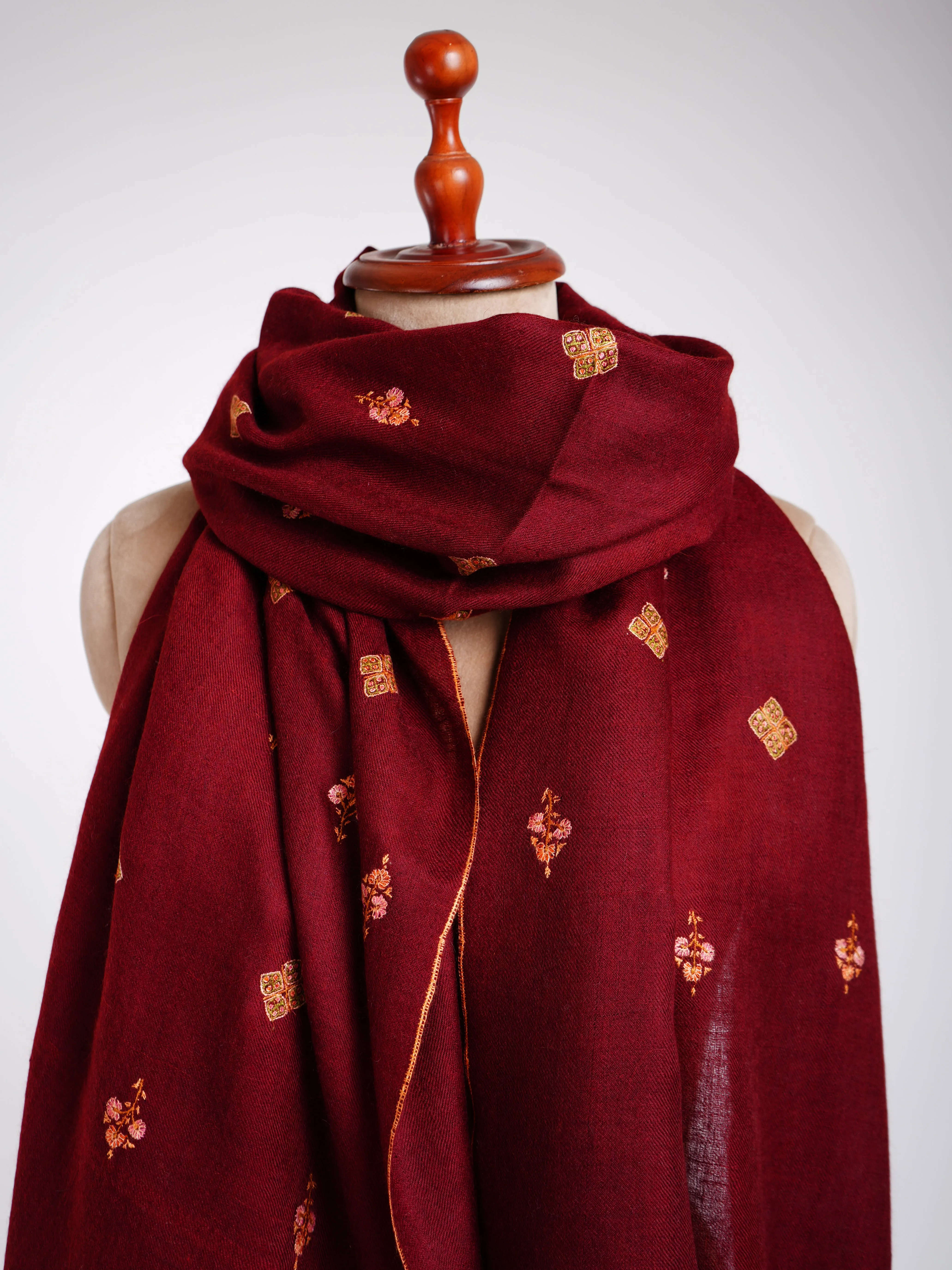 Maroon Embroidered Cashmere wrap scarf