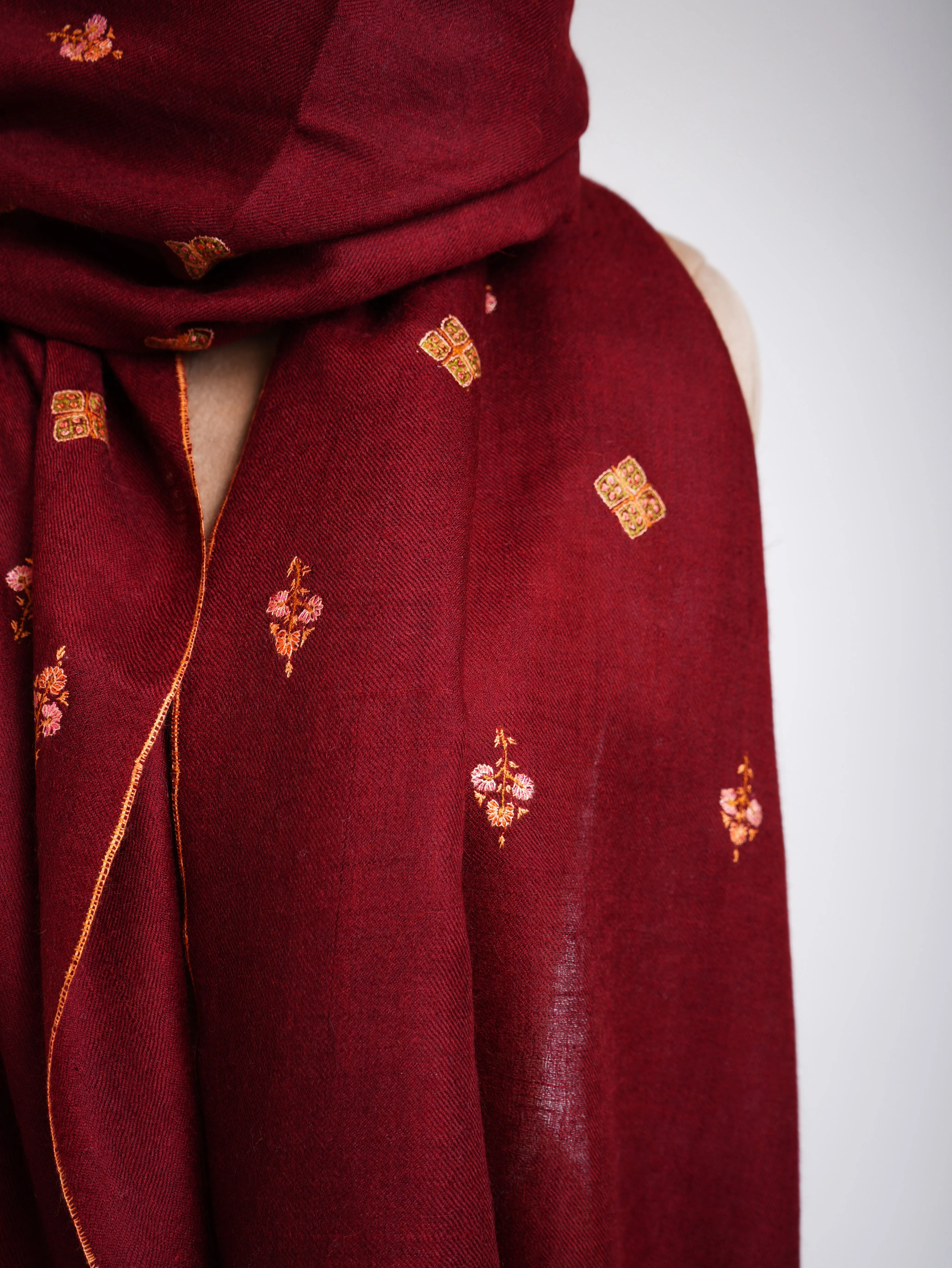 Maroon Embroidered Cashmere wrap scarf