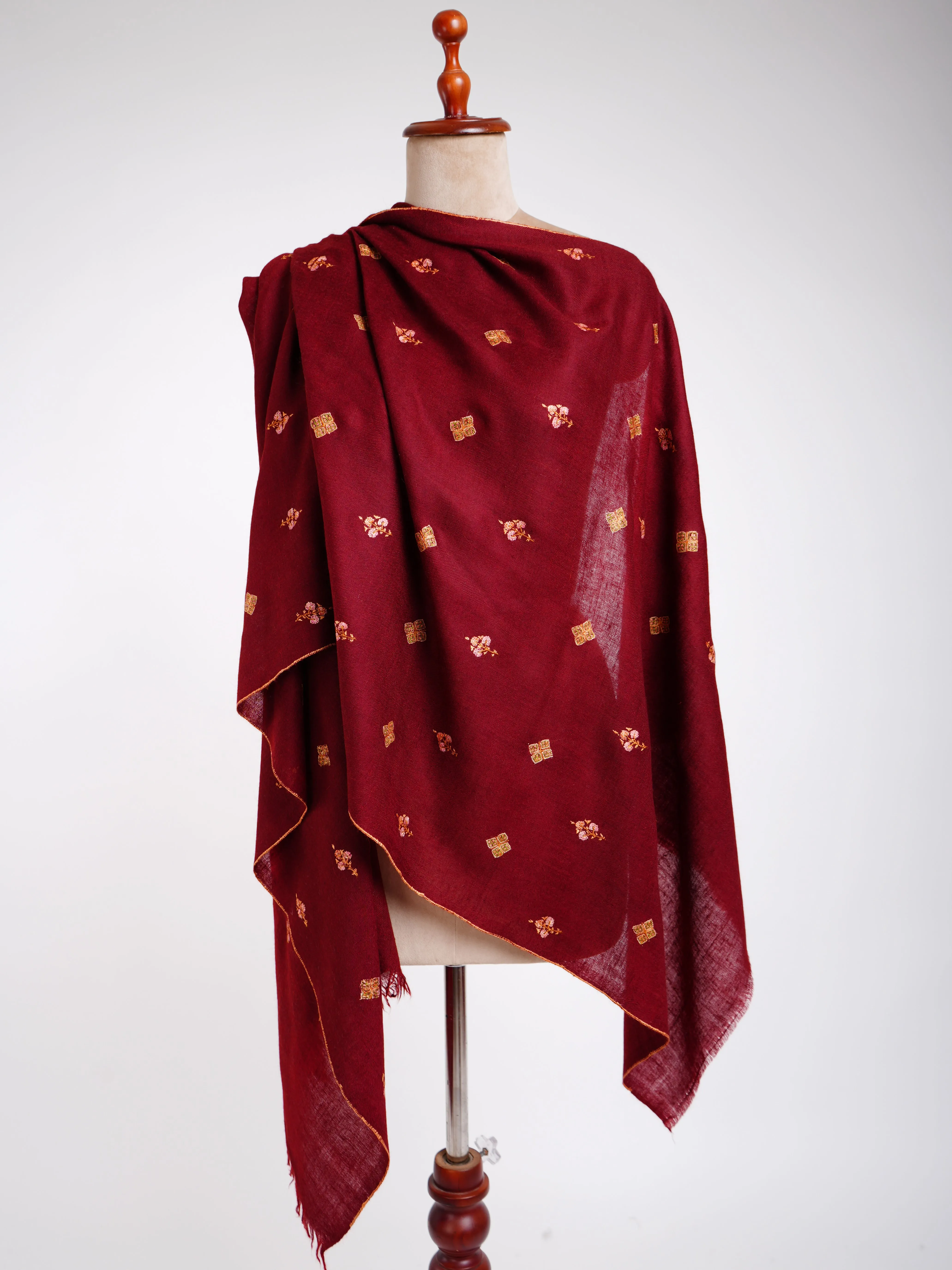 Maroon Embroidered Cashmere wrap scarf