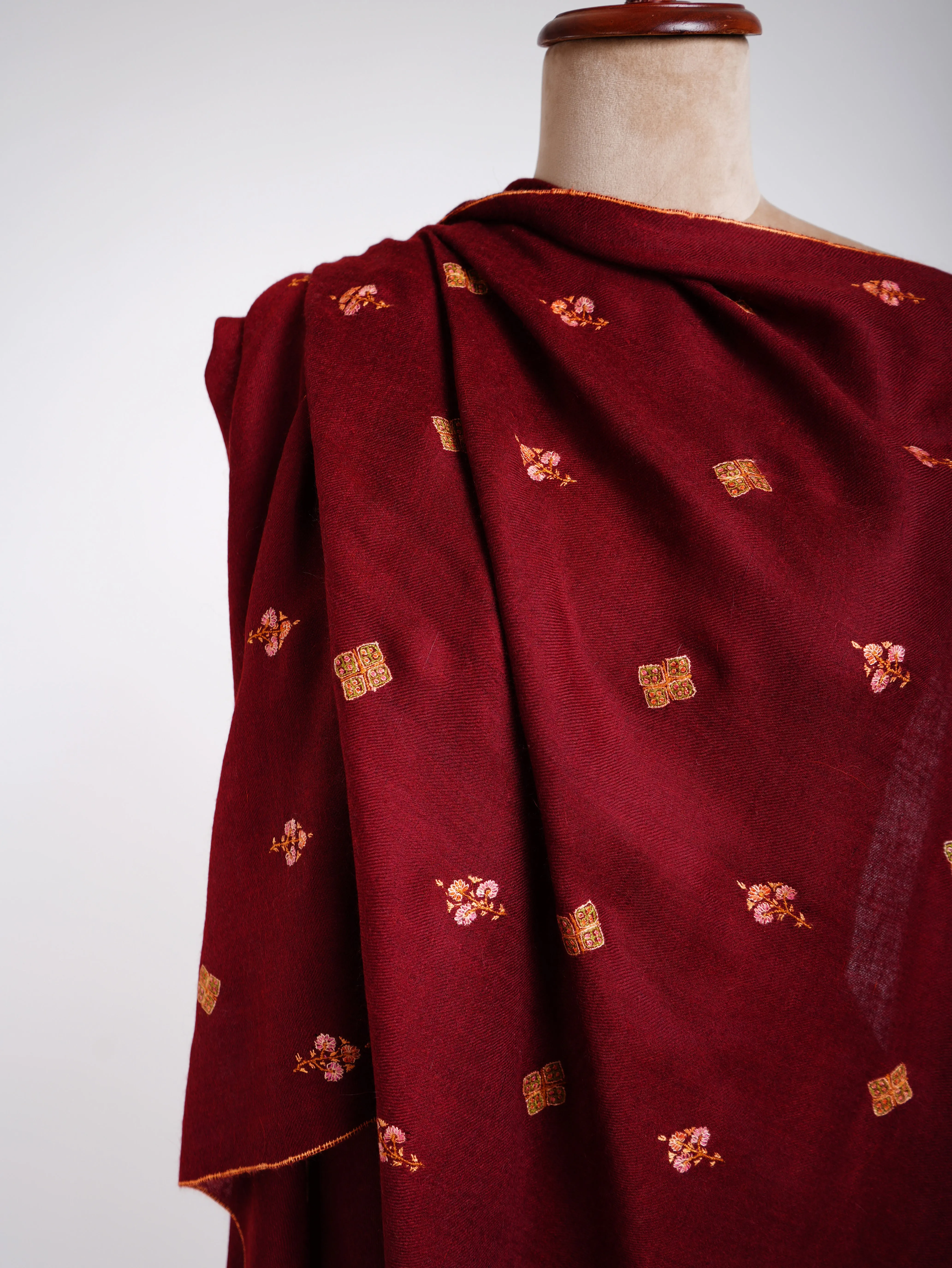 Maroon Embroidered Cashmere wrap scarf