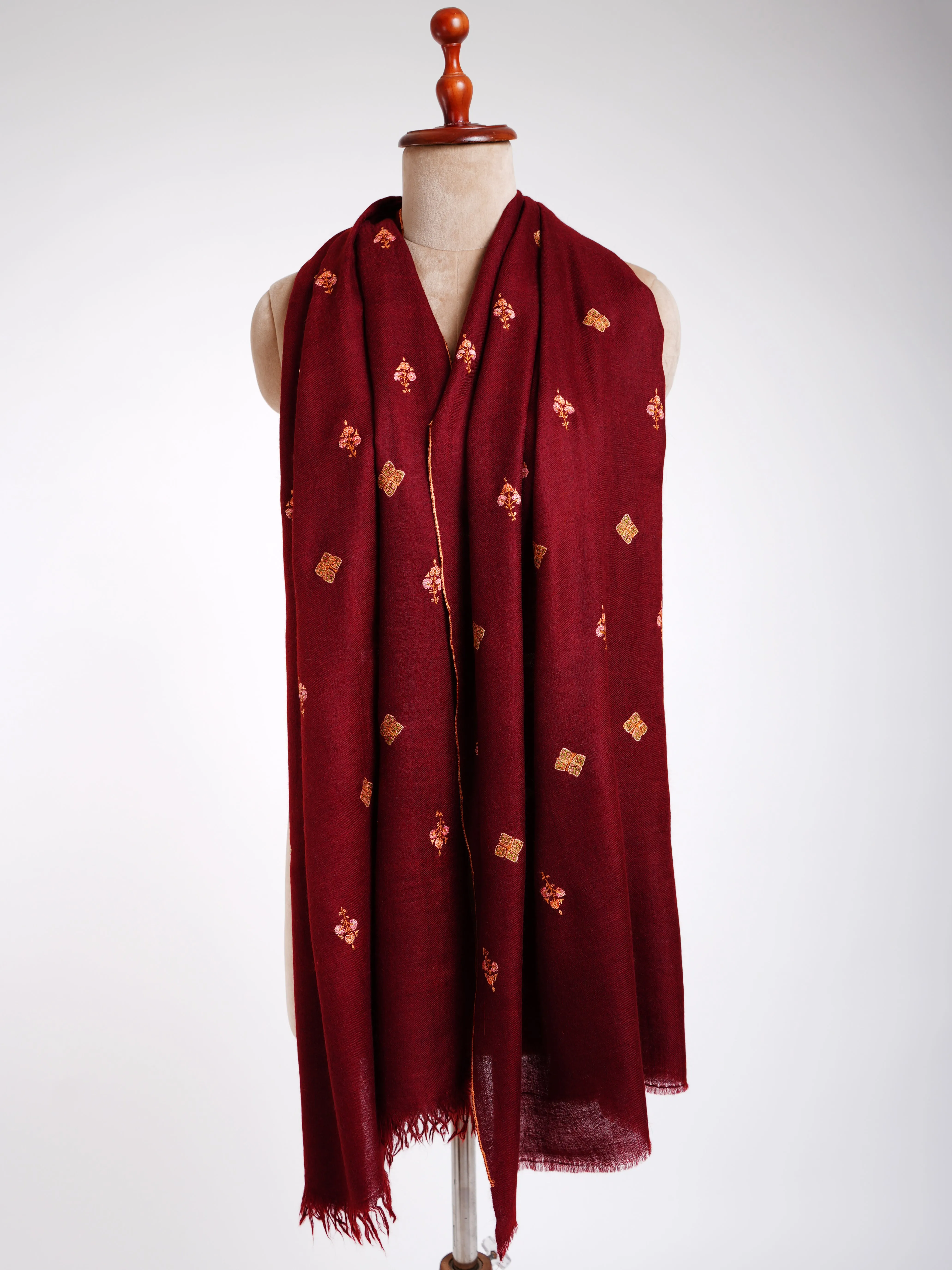 Maroon Embroidered Cashmere wrap scarf