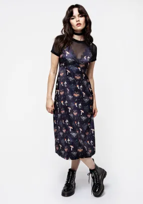 Medeina Print Lace Trim Satin Midi Slip Dress