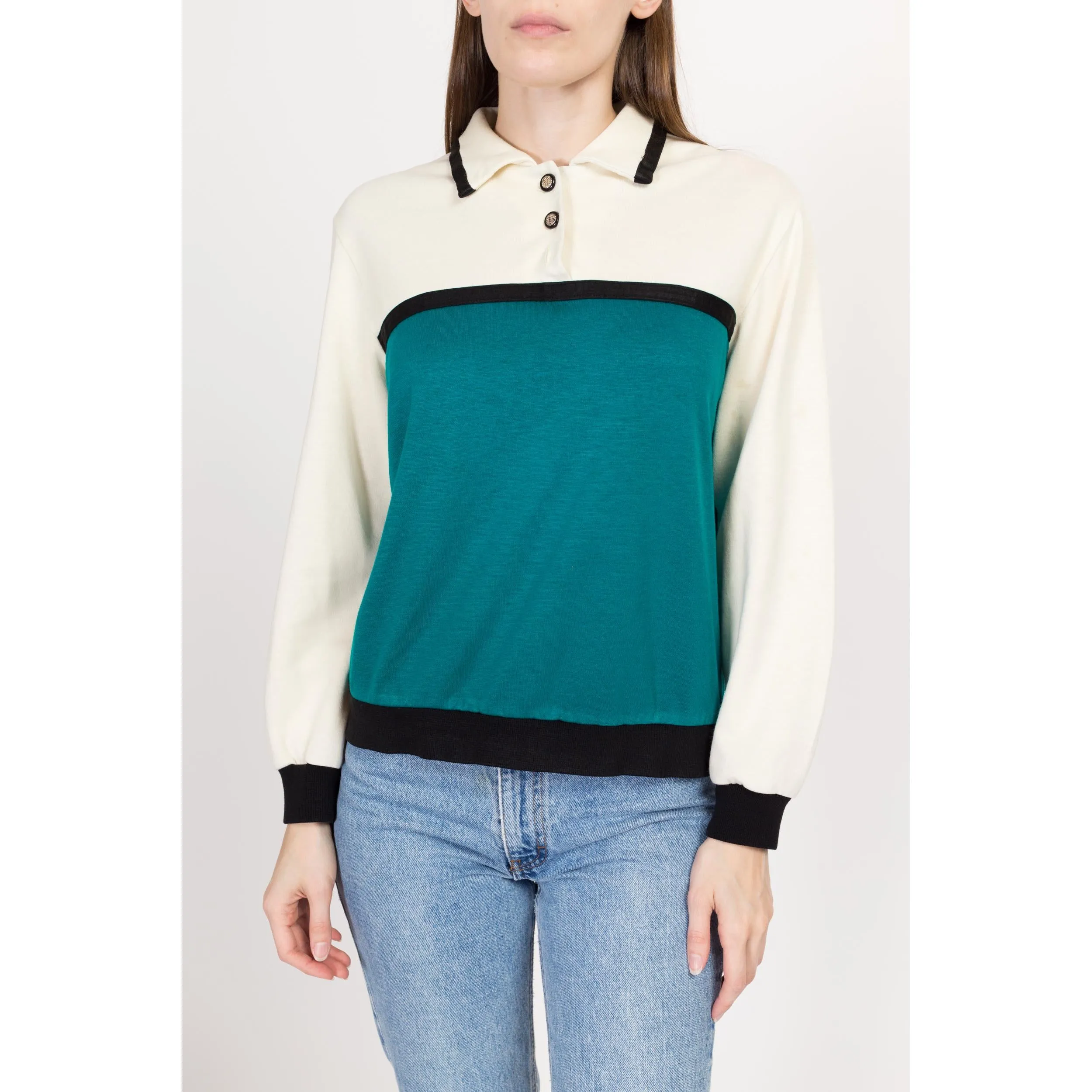 Medium 80s Color Block Collared Sweatshirt Top