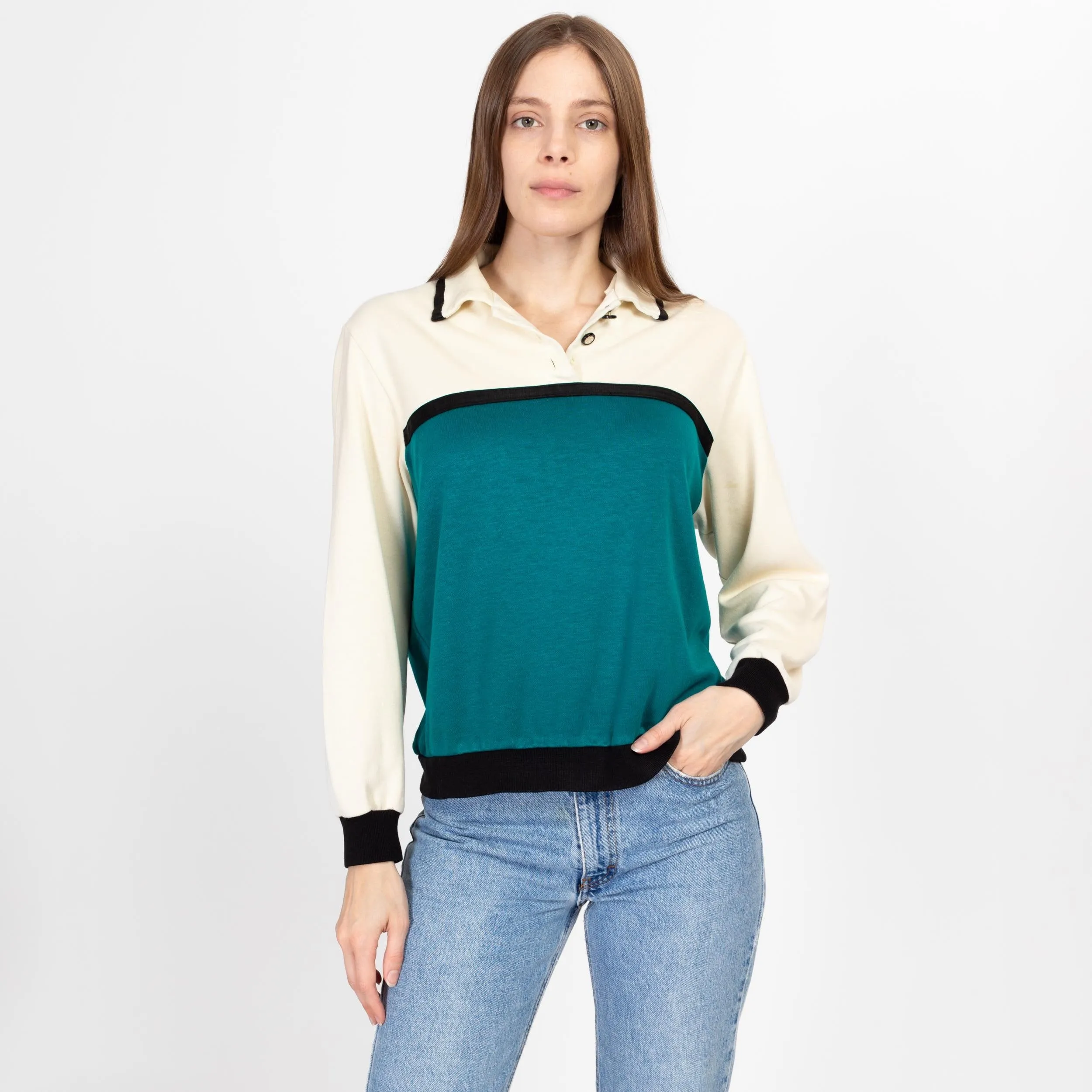 Medium 80s Color Block Collared Sweatshirt Top