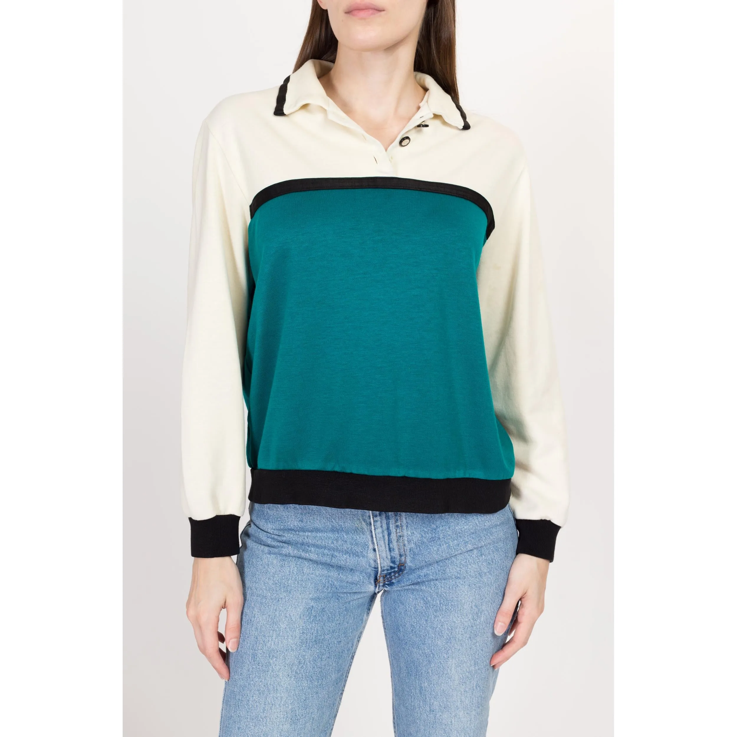 Medium 80s Color Block Collared Sweatshirt Top