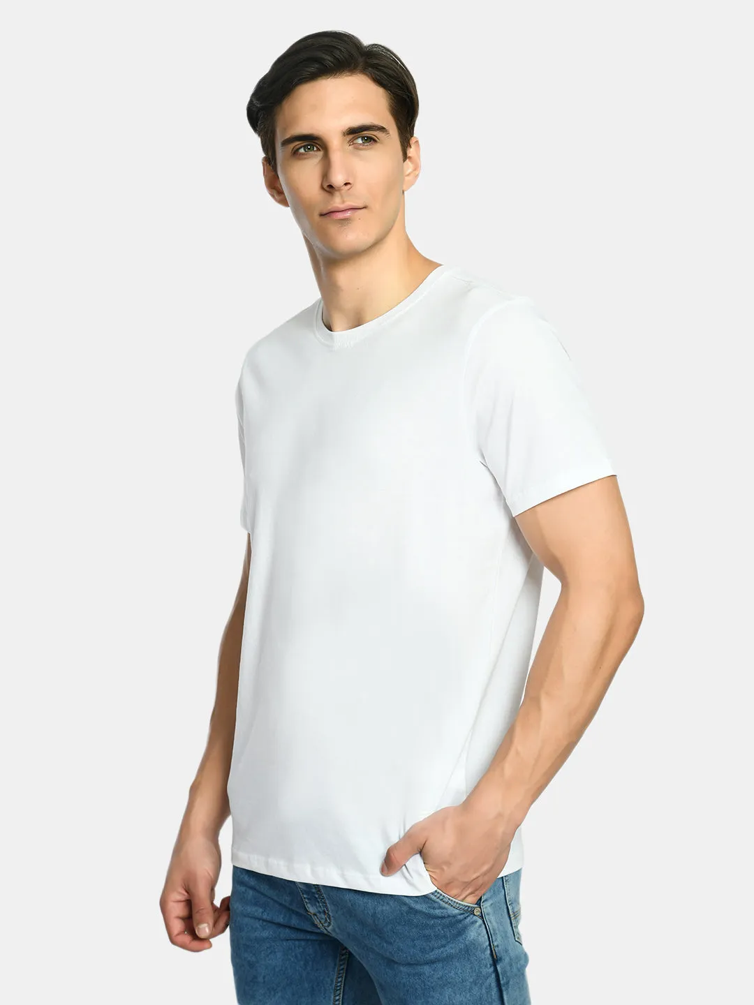 Men's Casual Pearl White Round Neck T-Shirt