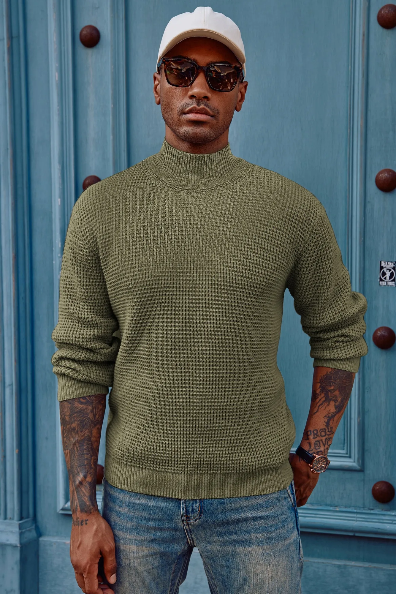 Mock Neck Sweaters Waffle Cable Knit Pullover Sweater