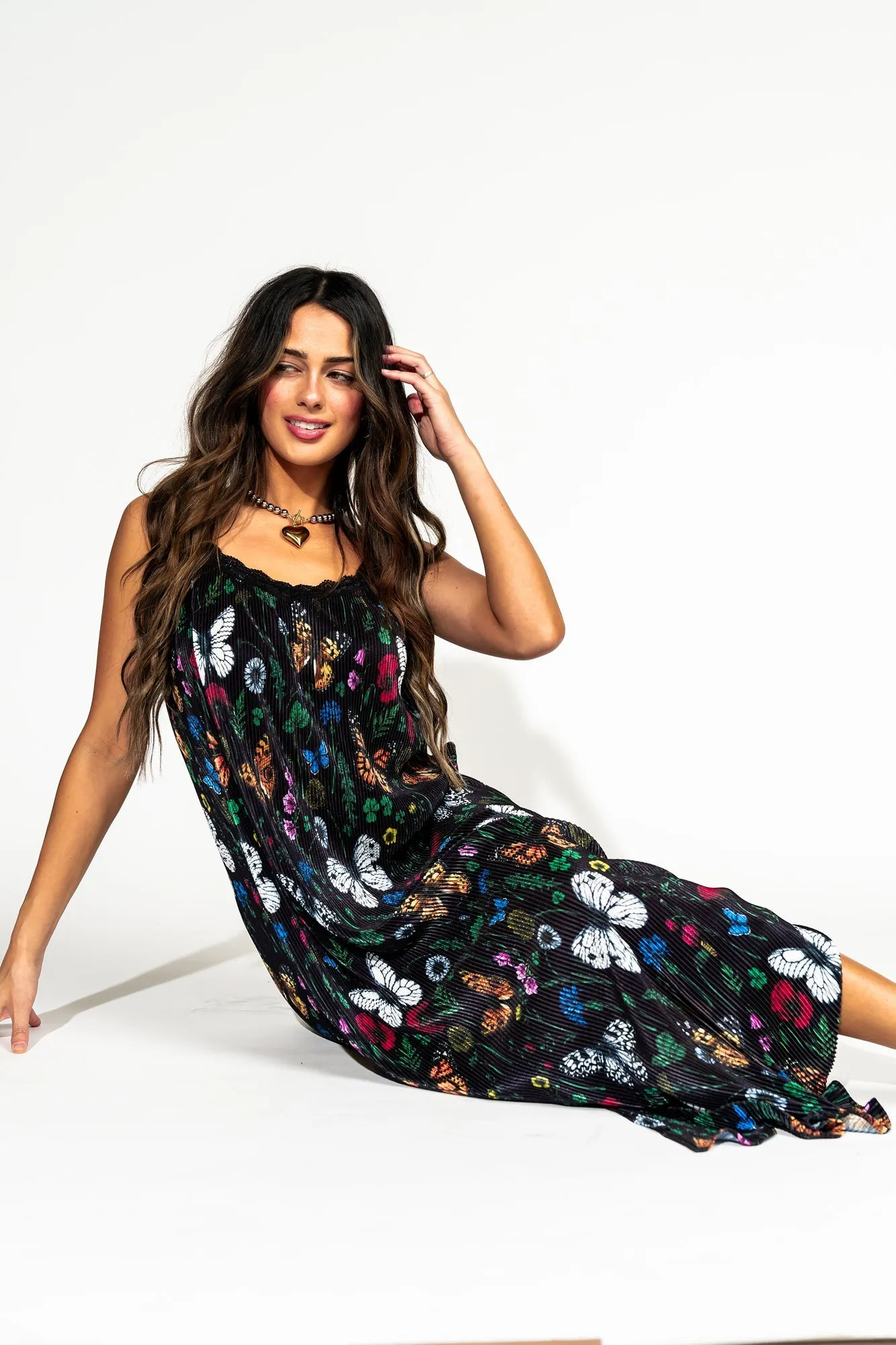 Money Honey Plisse Slip Dress in Folklore Florals