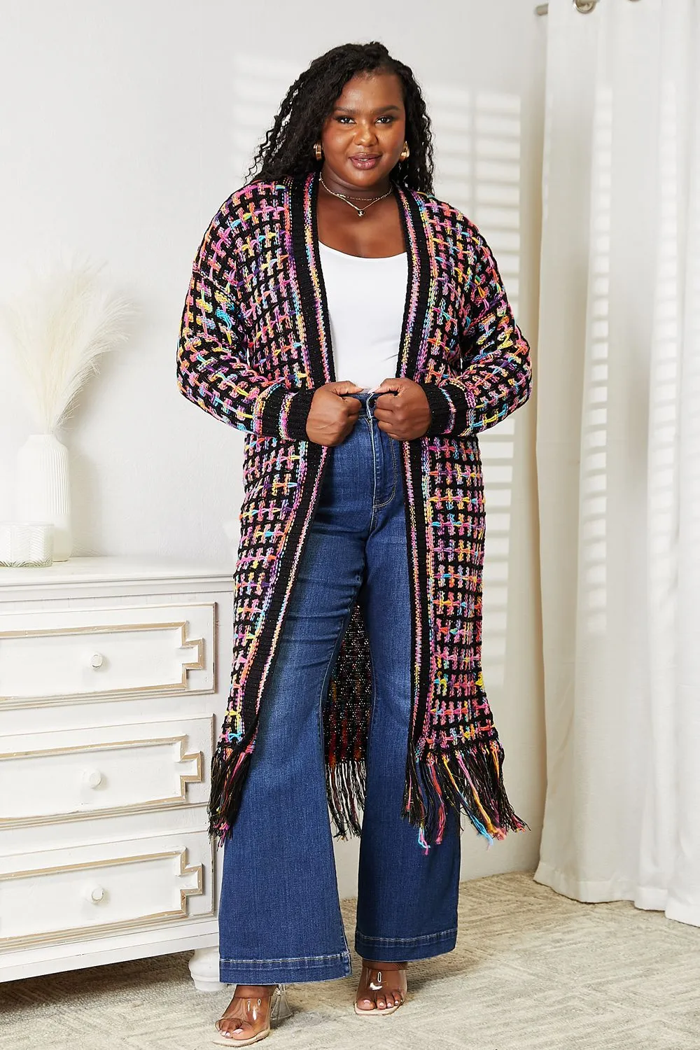 Multicolored Open Front Fringe Hem Cardigan