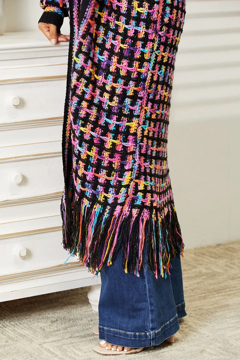 Multicolored Open Front Fringe Hem Cardigan