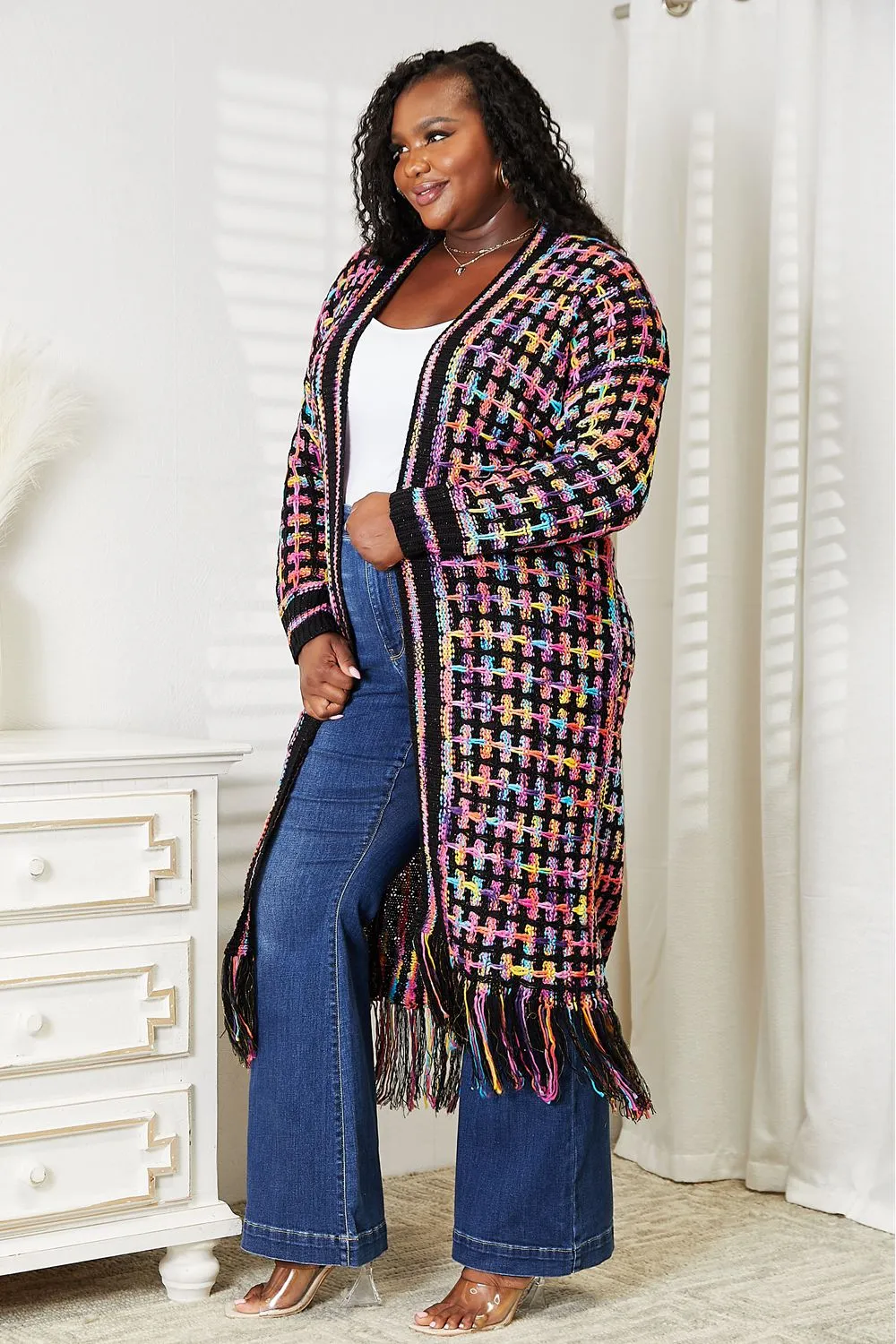 Multicolored Open Front Fringe Hem Cardigan