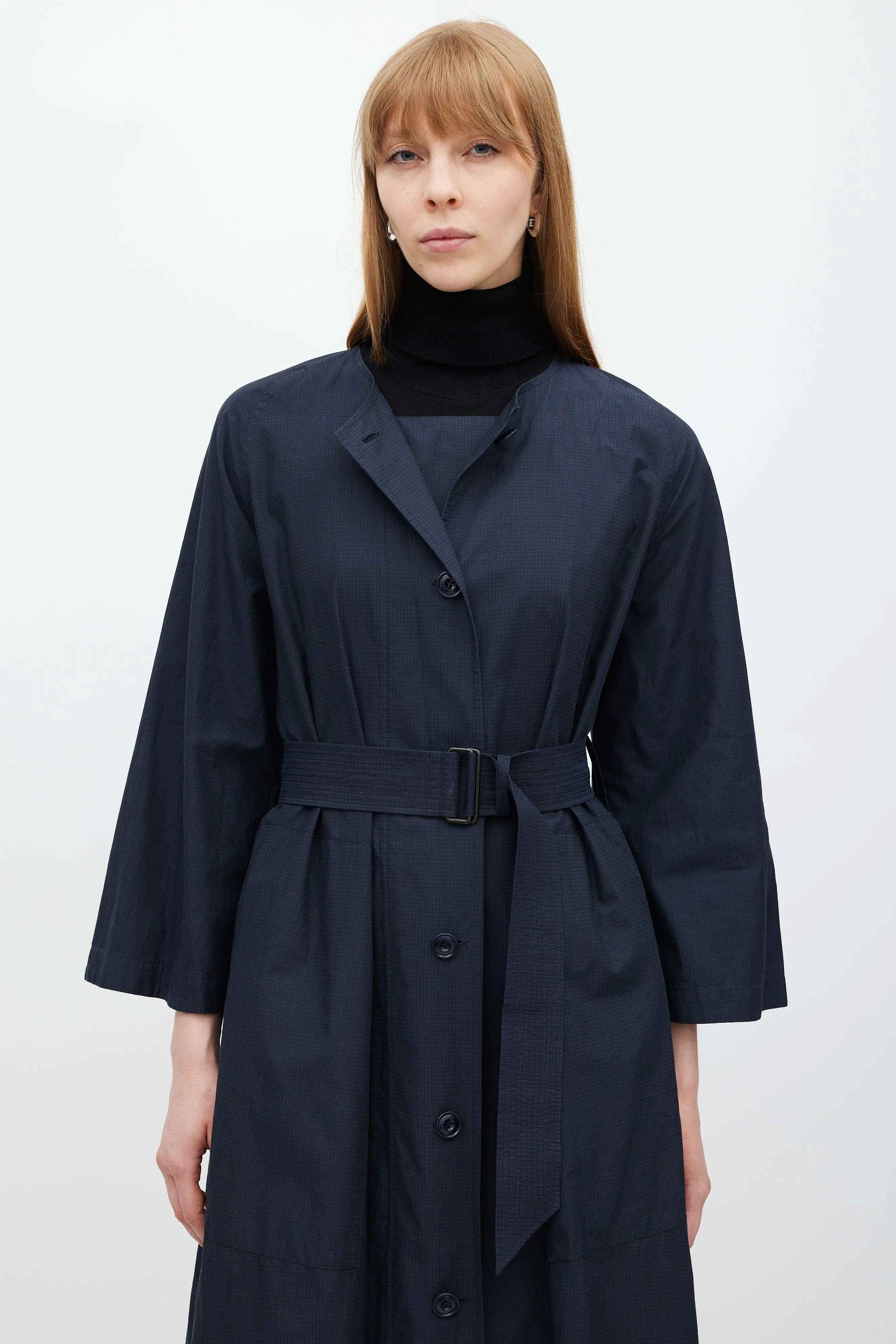 Navy Double Placket Belted Jacket