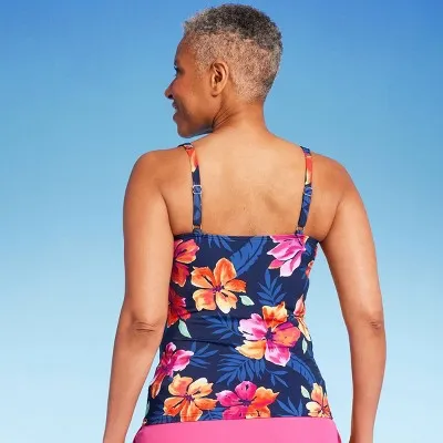 New - Lands' End Women's UPF 50 Floral Print Twist-Front Underwire Tankini Top - Multi 24W