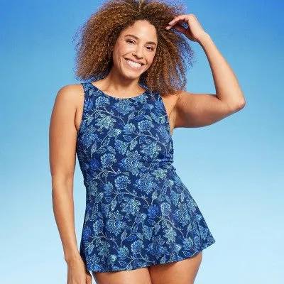 New - Lands' End Women's UPF 50 Flutter High Neck Tankini Top - Blue S