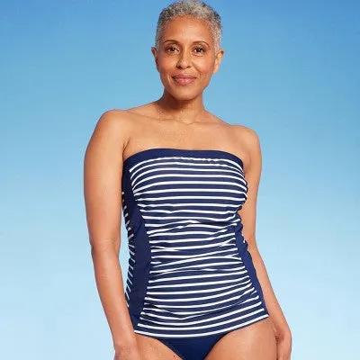 New - Lands' End Women's UPF 50 Striped Bandeau Tankini Top - Navy Blue XS