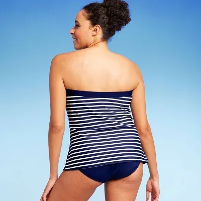 New - Lands' End Women's UPF 50 Striped Bandeau Tankini Top - Navy Blue XS