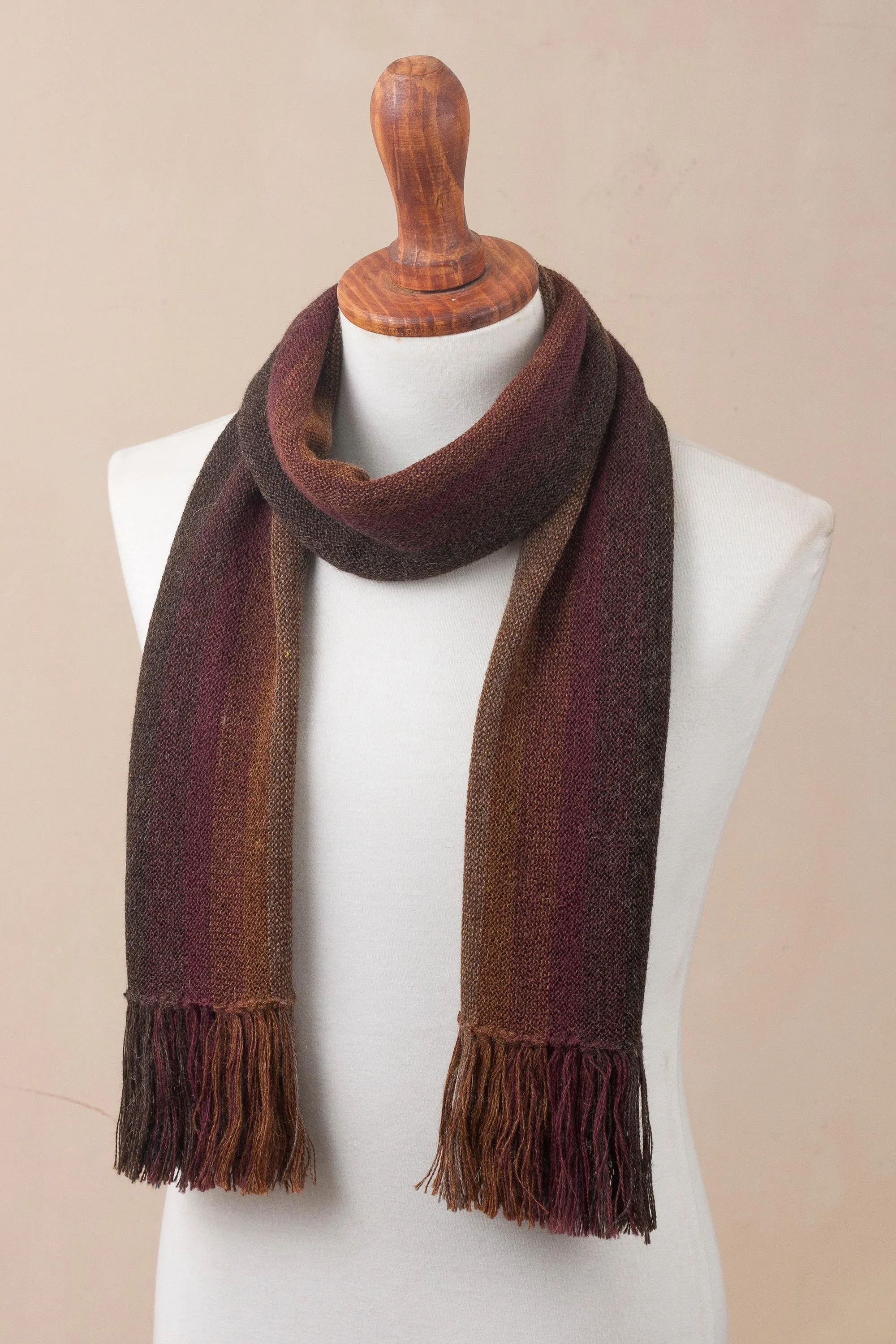 Outcropping Stripes Shades of Brown Burgundy and Blue 100% Alpaca Knit Scarf