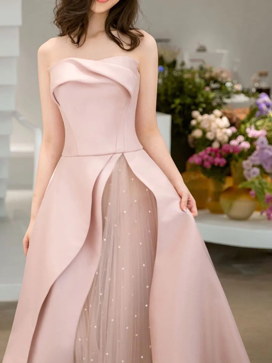 Pink Satin Tulle Long Prom Dress, Pink Formal Bridesmaid Dresses