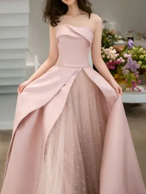 Pink Satin Tulle Long Prom Dress, Pink Formal Bridesmaid Dresses